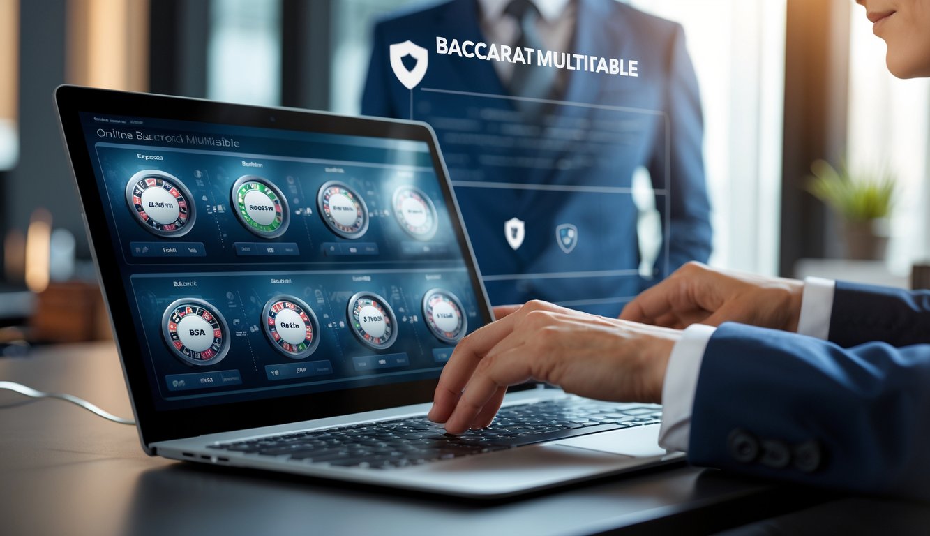 Seseorang menggunakan komputer dengan beberapa meja permainan baccarat online yang terlihat di layar, menunjukkan suasana aman dan profesional.