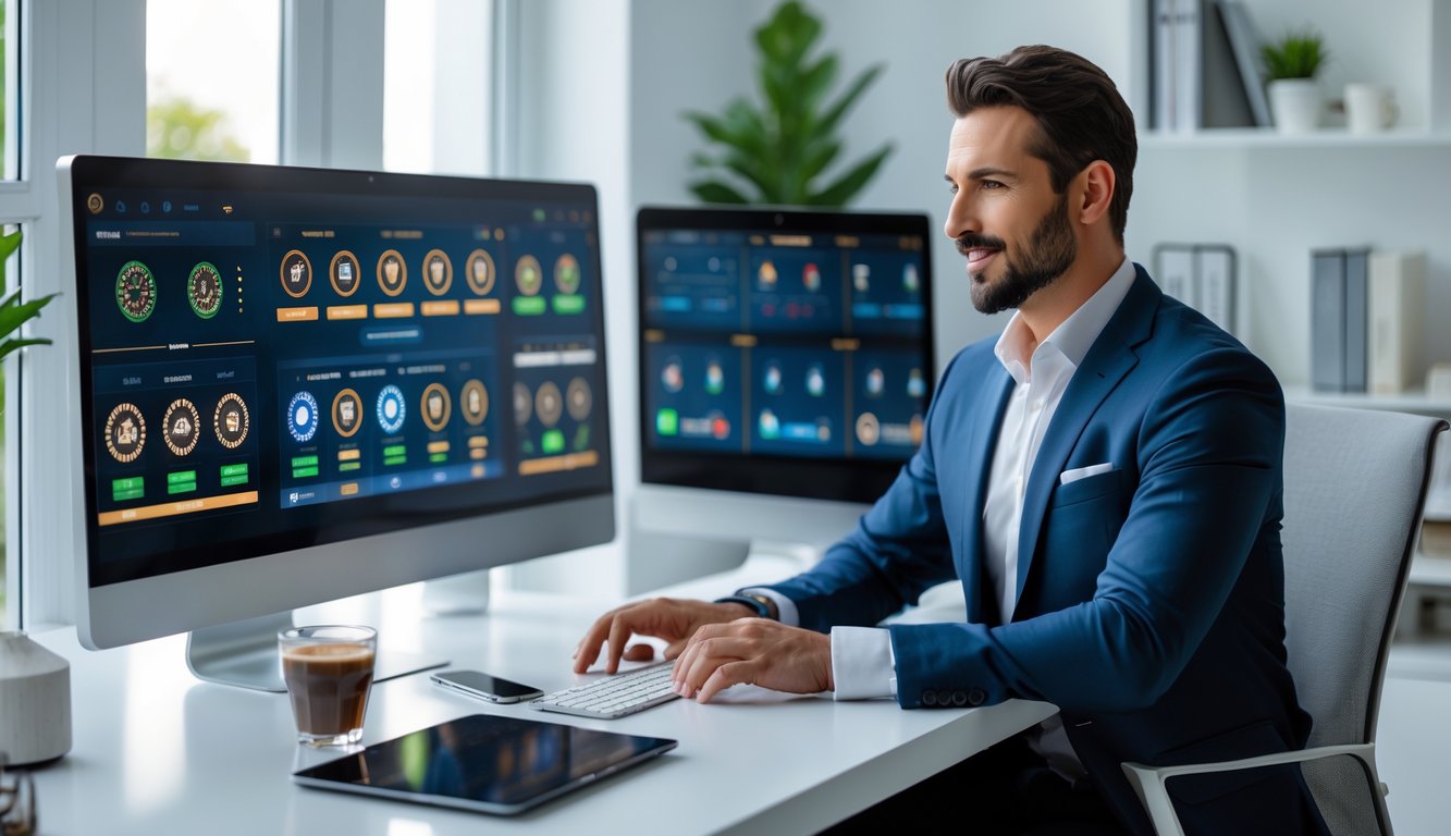 Seorang pria duduk di meja kerja modern dengan beberapa layar digital yang menampilkan permainan baccarat dan ikon keamanan.