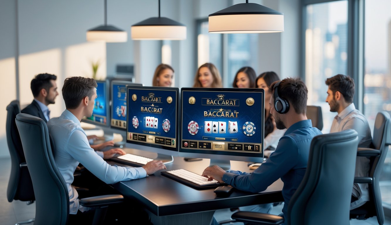 Orang-orang sedang bermain baccarat online di beberapa monitor komputer dalam ruangan kantor modern.