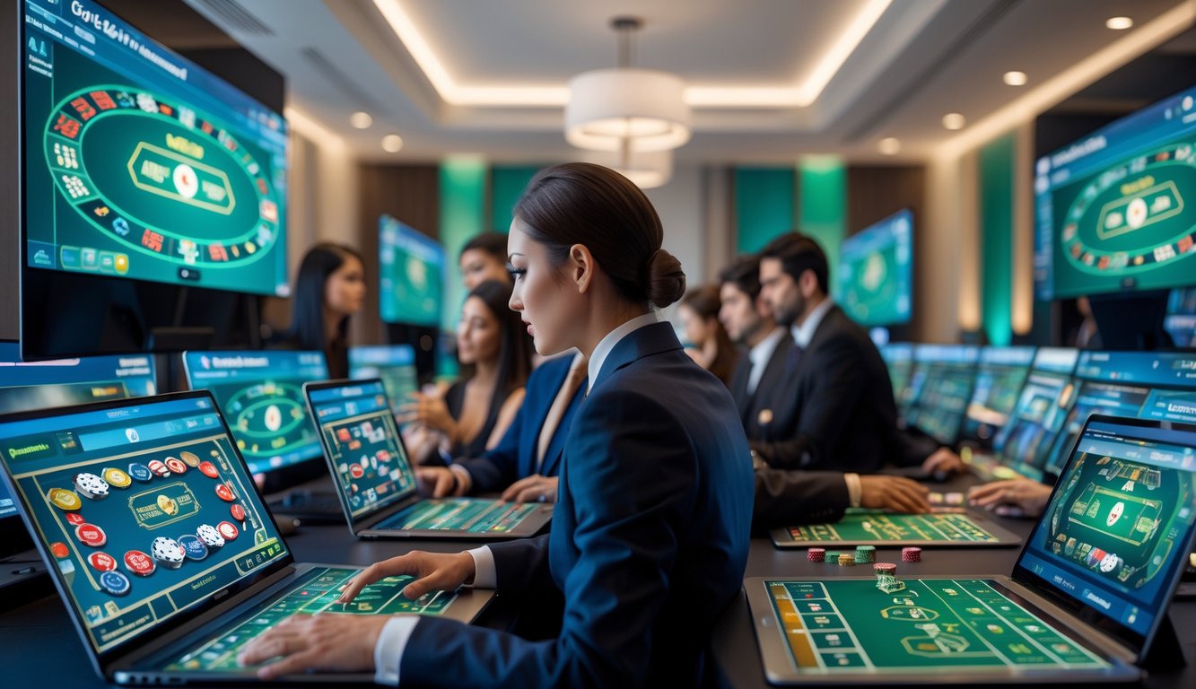 Sejumlah orang bermain baccarat online di beberapa meja digital menggunakan komputer dan tablet dalam ruangan modern.