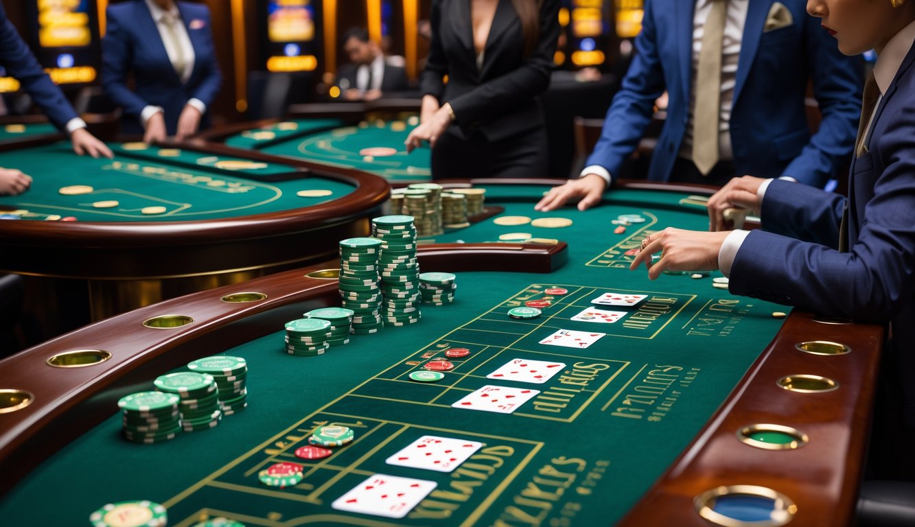 Suasana kasino modern dengan beberapa meja baccarat, dealer berpakaian rapi, dan pemain yang sedang bermain.