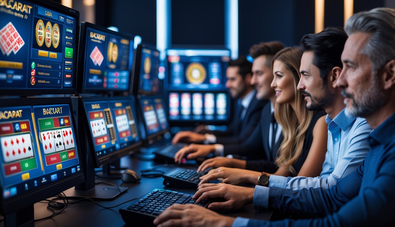 Beberapa orang sedang bermain baccarat online dengan beberapa monitor komputer di ruangan modern.