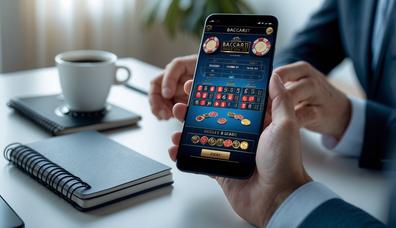 Seseorang memegang smartphone yang menampilkan permainan baccarat online dengan beberapa meja, di atas meja terdapat buku catatan, pena, dan cangkir kopi.
