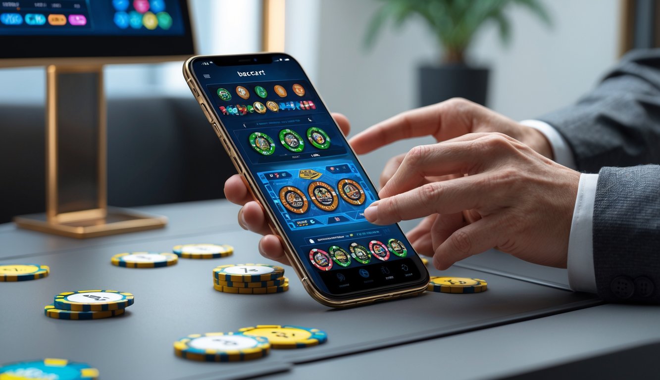 Seseorang menggunakan ponsel dengan beberapa meja baccarat online terlihat di layar dalam suasana kerja yang rapi.