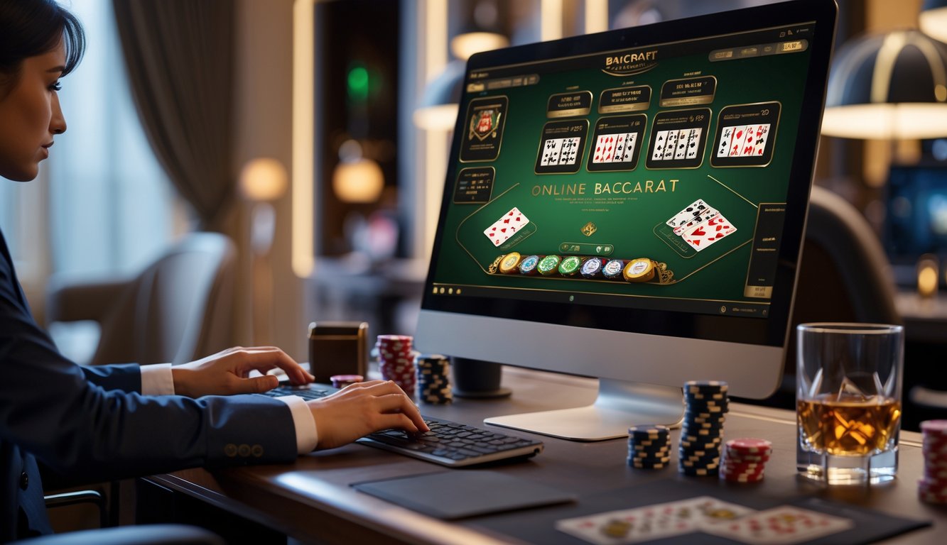 Seseorang menggunakan komputer dengan beberapa meja baccarat online yang aktif di layar dalam suasana ruang kerja yang rapi dan profesional.