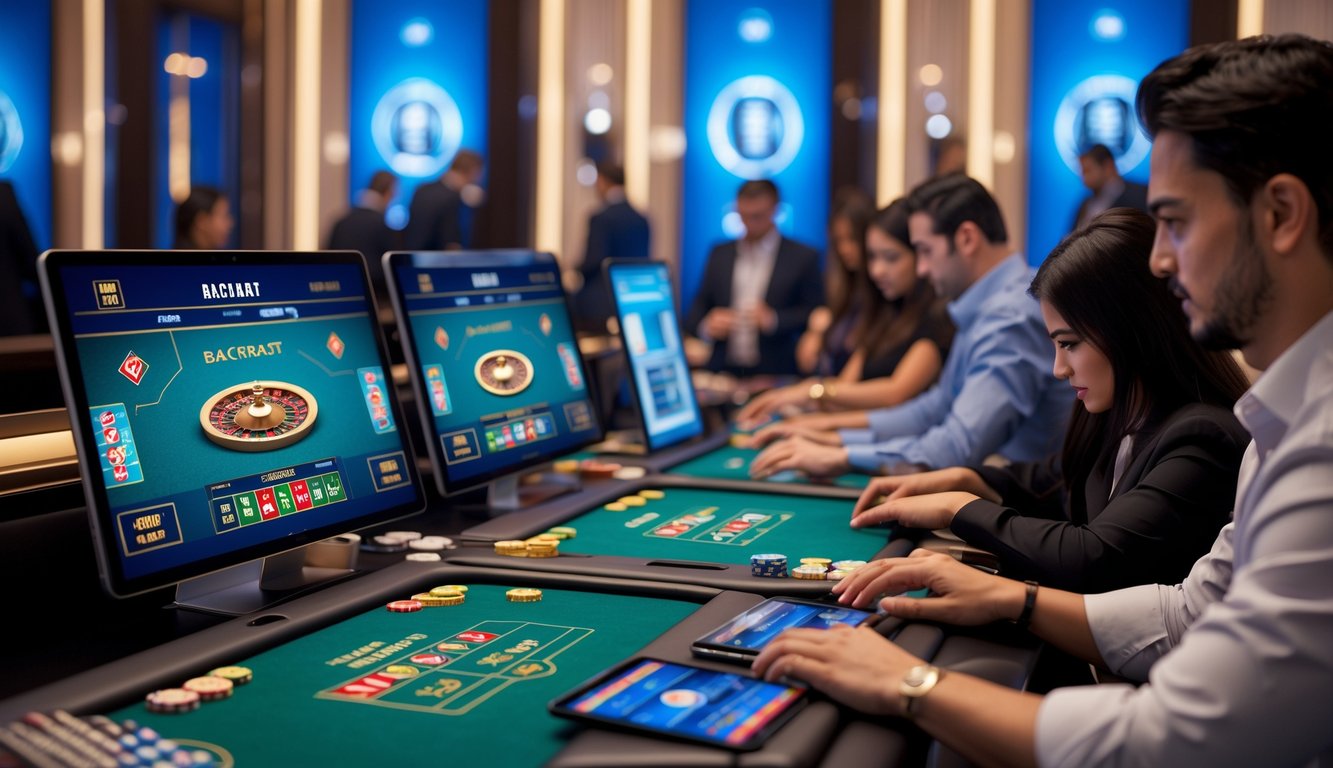 Beberapa orang bermain baccarat online di depan beberapa layar komputer yang menampilkan meja permainan baccarat.