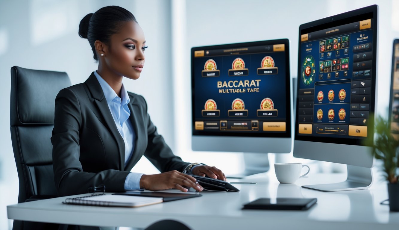 Seorang profesional duduk di depan beberapa layar komputer yang menampilkan permainan baccarat online di sebuah kantor modern.