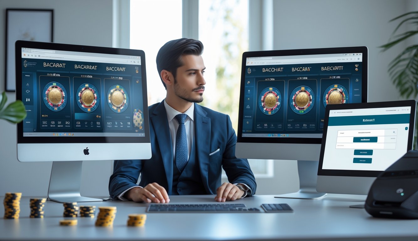 Seseorang duduk di meja kerja dengan beberapa layar komputer menampilkan permainan baccarat online, fokus menganalisis informasi dalam ruangan dengan pencahayaan alami.
