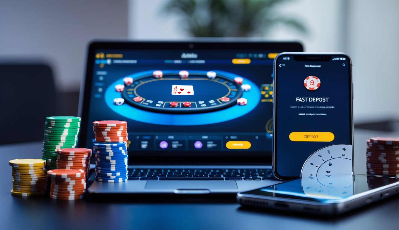 Sebuah meja kerja modern dengan laptop menampilkan permainan poker online, tumpukan chip poker, dan ponsel dengan layar konfirmasi deposit cepat.