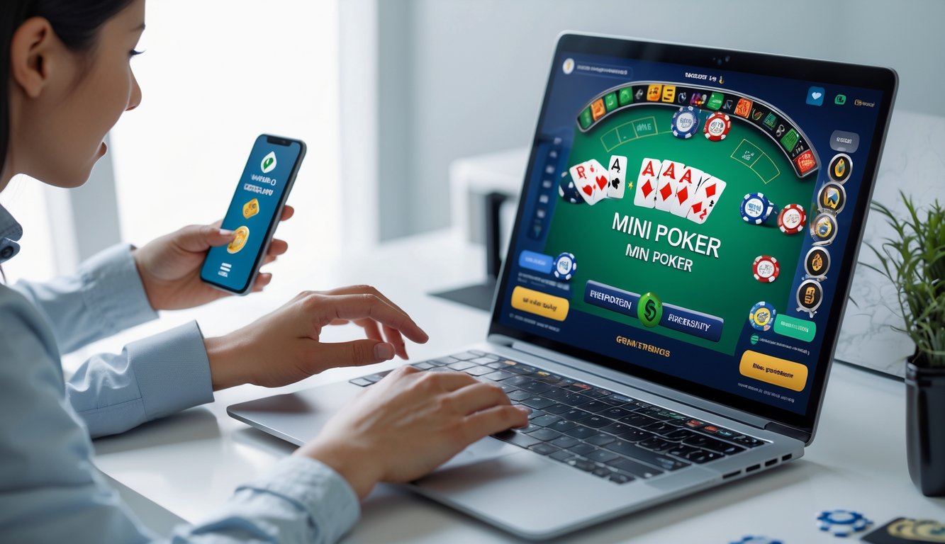 Seseorang bermain mini poker online di laptop dengan kartu dan chip terlihat di layar, di meja kerja yang bersih dan terang.