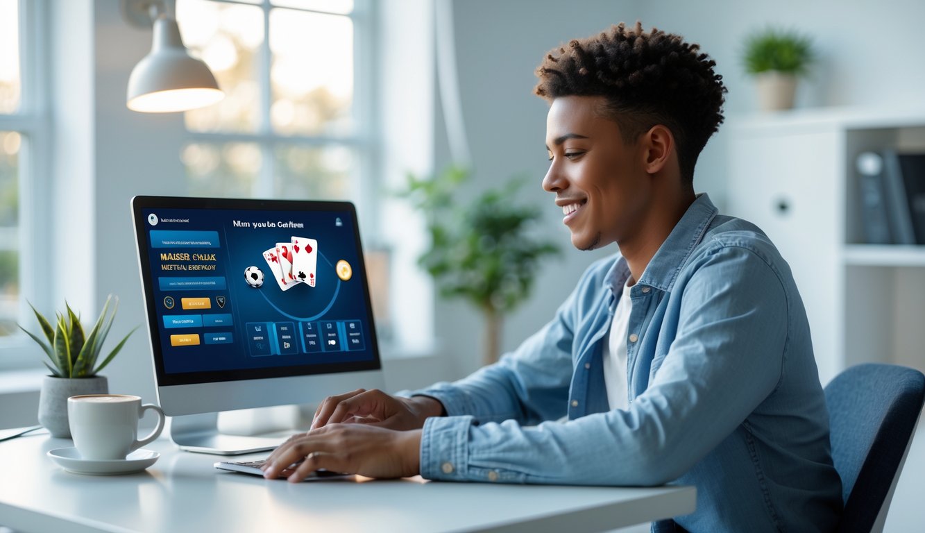 Seorang dewasa muda duduk di meja dengan laptop, fokus bermain mini poker online di ruang kerja yang terang dan rapi.