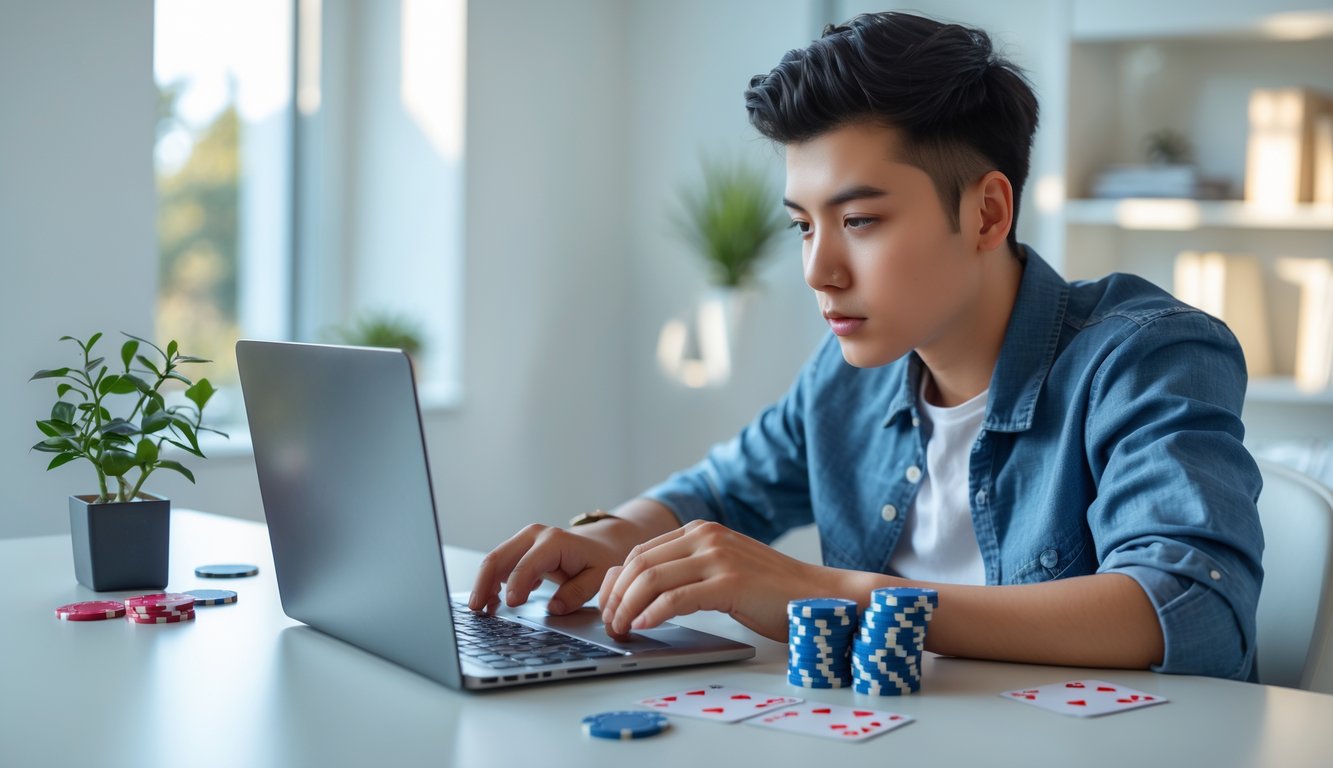 Seorang dewasa muda duduk di meja dengan laptop, bermain mini poker online di ruang kerja rumah yang terang dan nyaman.