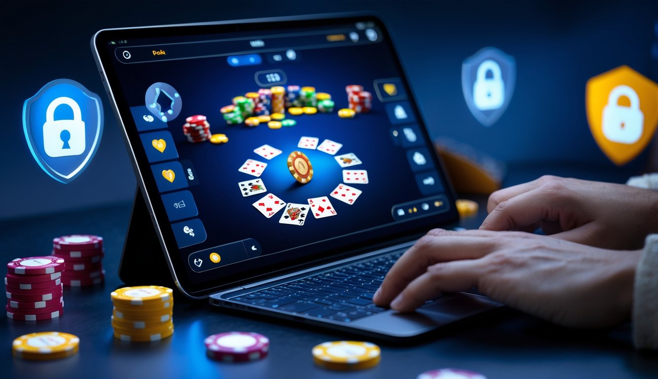 Seorang pemain menggunakan perangkat digital untuk bermain mini poker online dengan chip dan kartu di layar, menunjukkan suasana permainan yang aman dan terpercaya.
