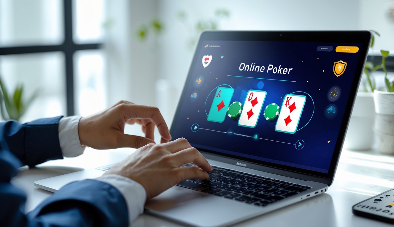 Seseorang menggunakan komputer dengan tampilan permainan poker online yang aman dan mudah di ruang kerja yang bersih.