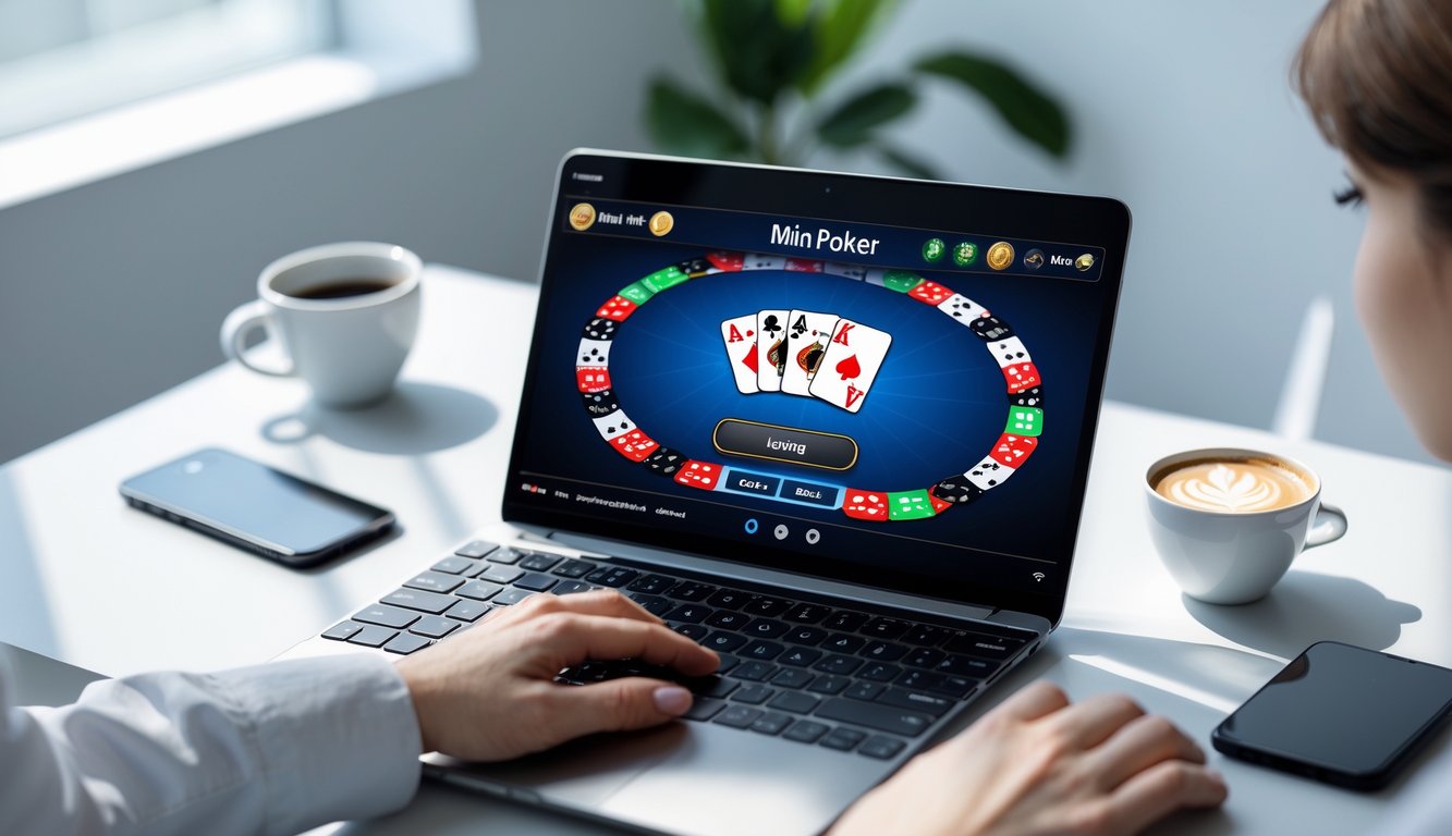 Seseorang menggunakan laptop dengan permainan mini poker online di layar di sebuah meja kerja yang rapi.