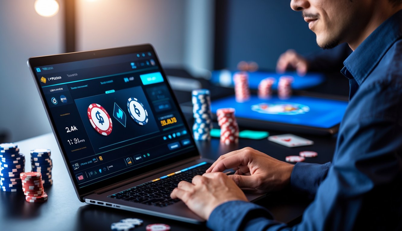Seseorang sedang menggunakan laptop dengan tampilan permainan poker online di meja kerja yang modern dan rapi.