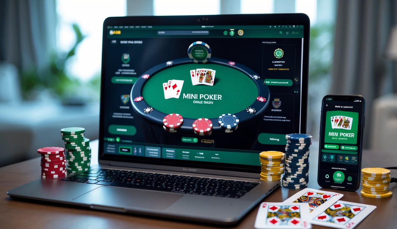 Seseorang bermain poker online dengan laptop dan kartu remi di meja, menampilkan suasana permainan poker yang profesional dan nyaman.