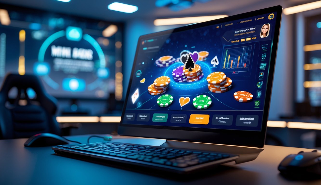 Sebuah ruang permainan poker online dengan komputer yang menampilkan permainan kartu mini poker, suasana profesional dan aman.