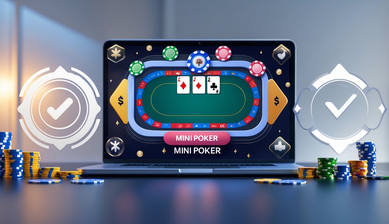 Seorang pemain menggunakan laptop dengan tampilan permainan mini poker online di layar, dikelilingi simbol keamanan dan keadilan permainan.