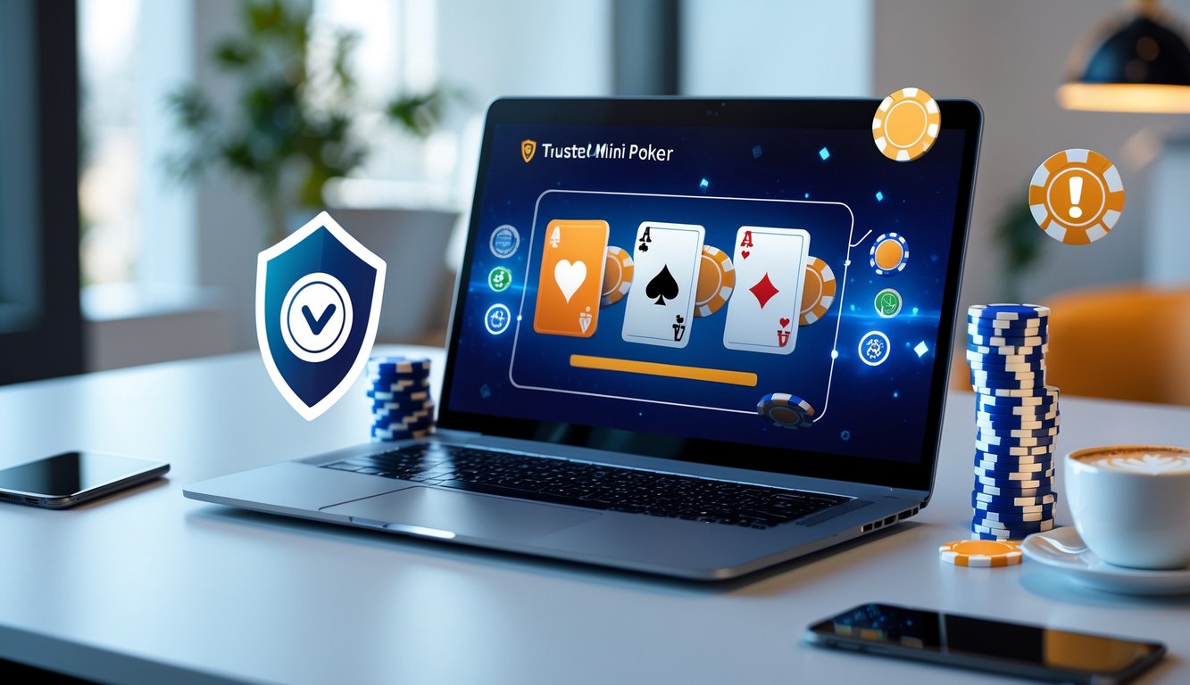 Seorang pengguna sedang melihat layar laptop dengan permainan mini poker online yang menampilkan kartu dan chip poker di meja kerja yang rapi.