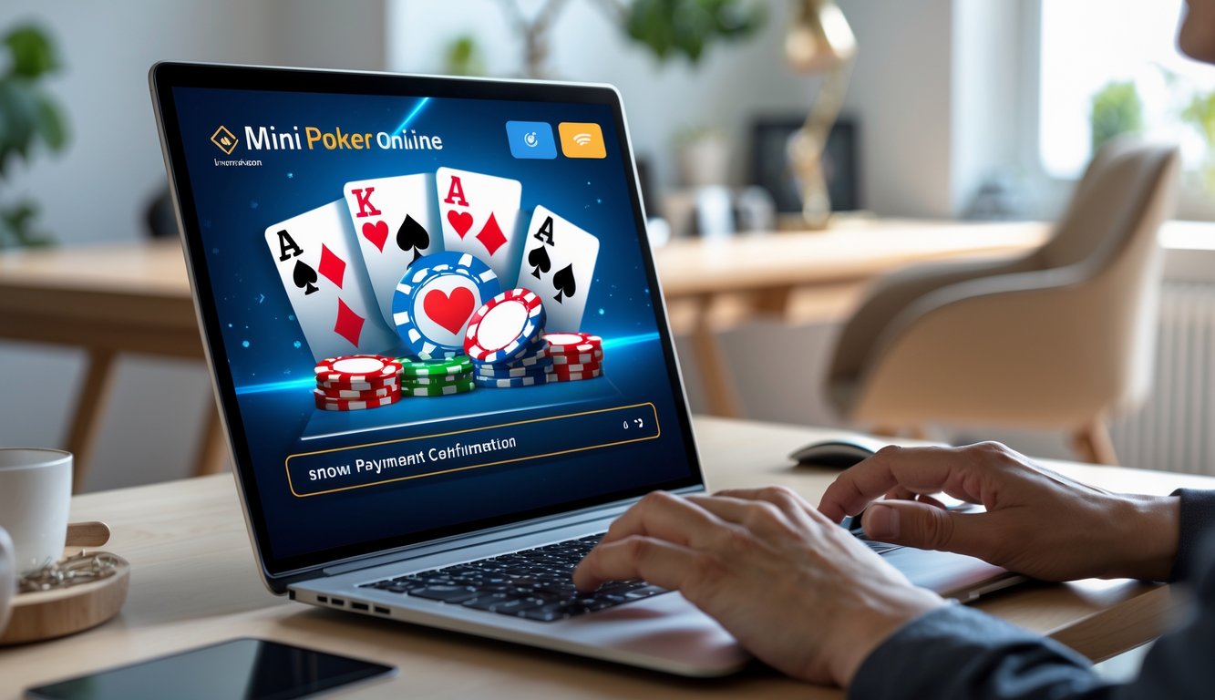 Seseorang menggunakan laptop untuk bermain mini poker online di sebuah meja kerja di rumah.
