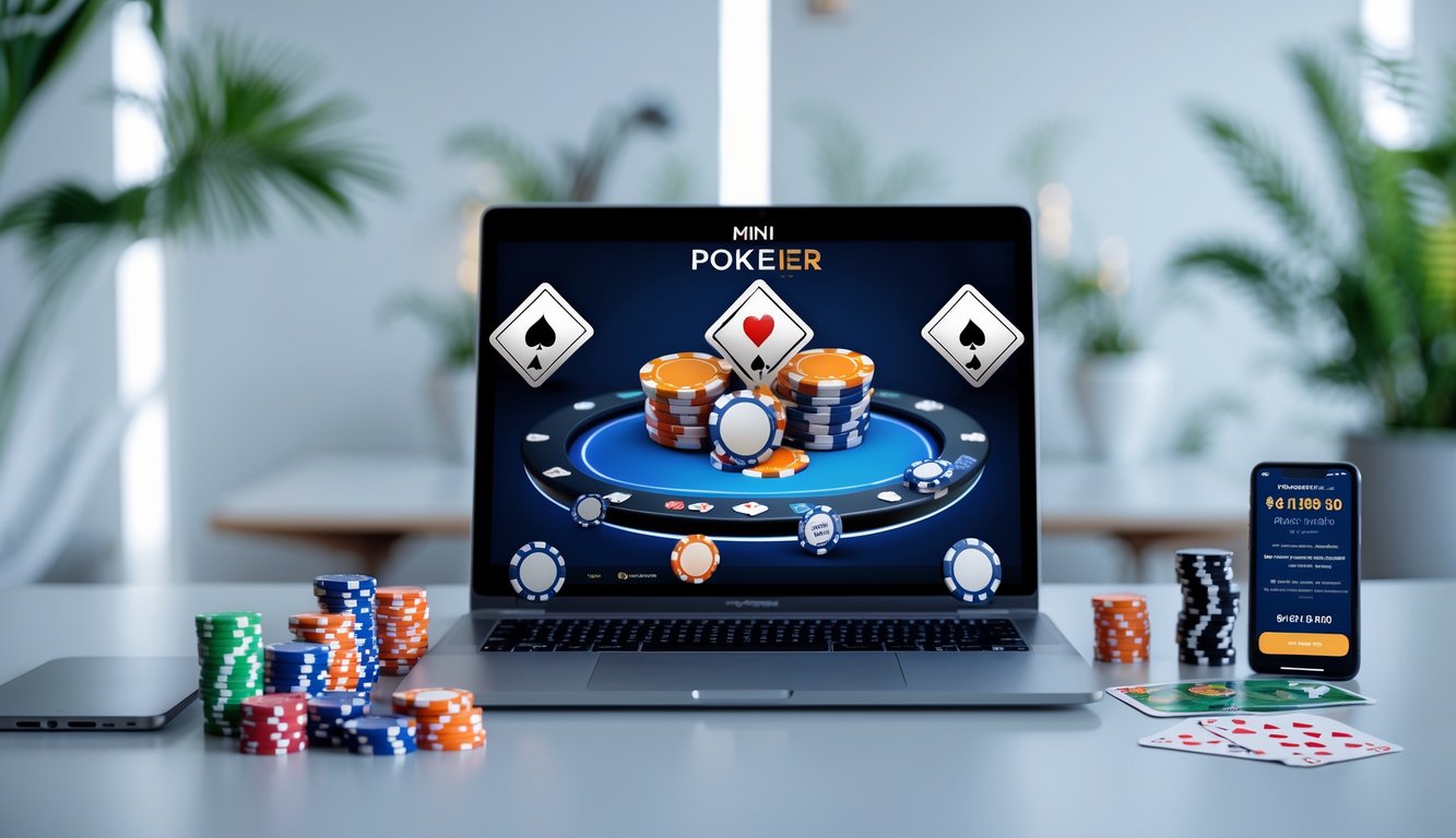 Sebuah meja dengan komputer menampilkan permainan mini poker online, dikelilingi oleh chip poker dan kartu remi, dengan suasana ruangan yang terang dan rapi.