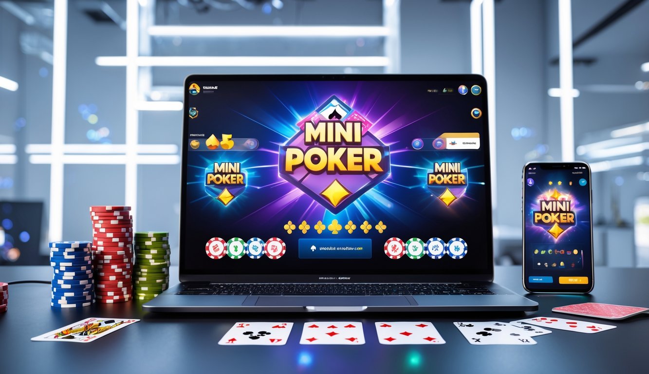 Sebuah meja kerja dengan komputer dan perangkat yang menampilkan permainan mini poker online, dilengkapi dengan chip poker dan kartu bermain di sekitarnya.