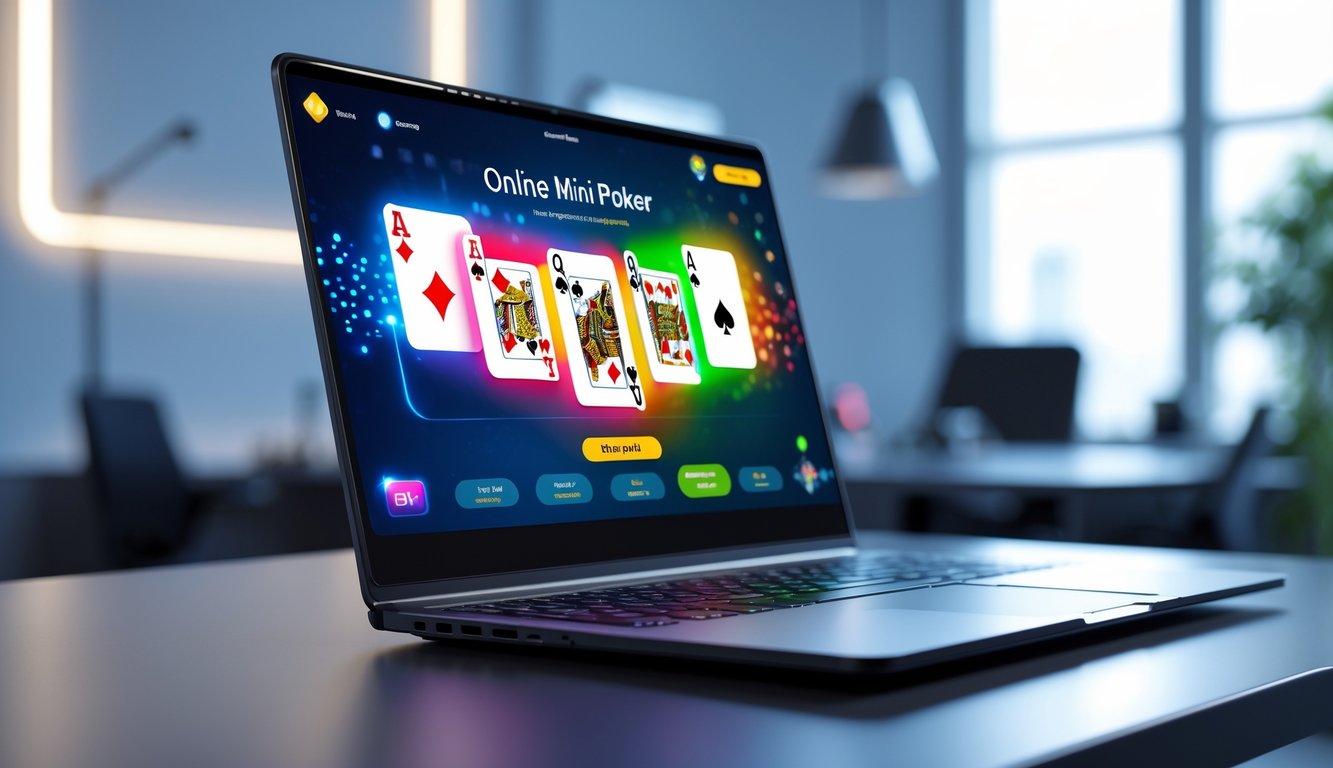 Seseorang menggunakan laptop dengan permainan poker mini online terlihat di layar, di ruang kerja modern dengan pencahayaan baik.