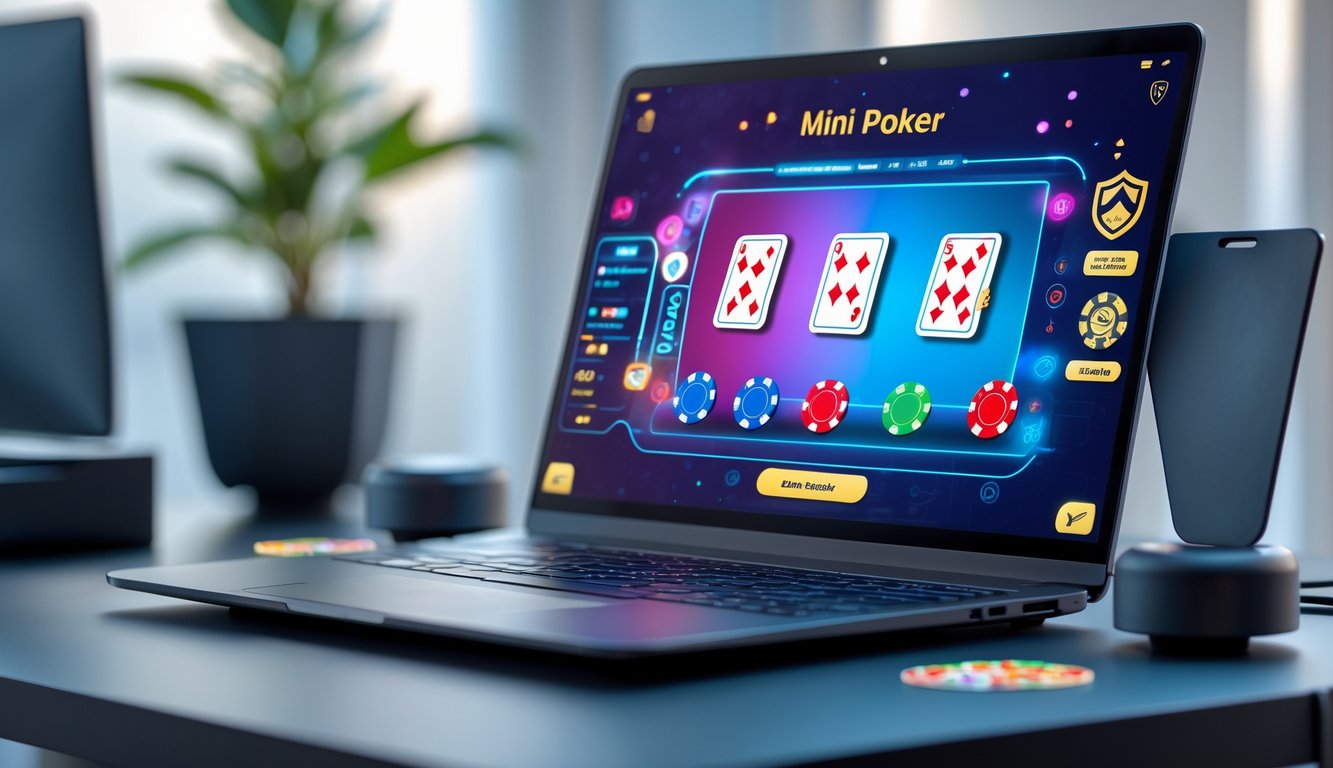 Sebuah setup komputer dengan permainan mini poker online yang sedang berjalan, menampilkan kartu dan chip poker di layar, dengan suasana modern dan pencahayaan alami.