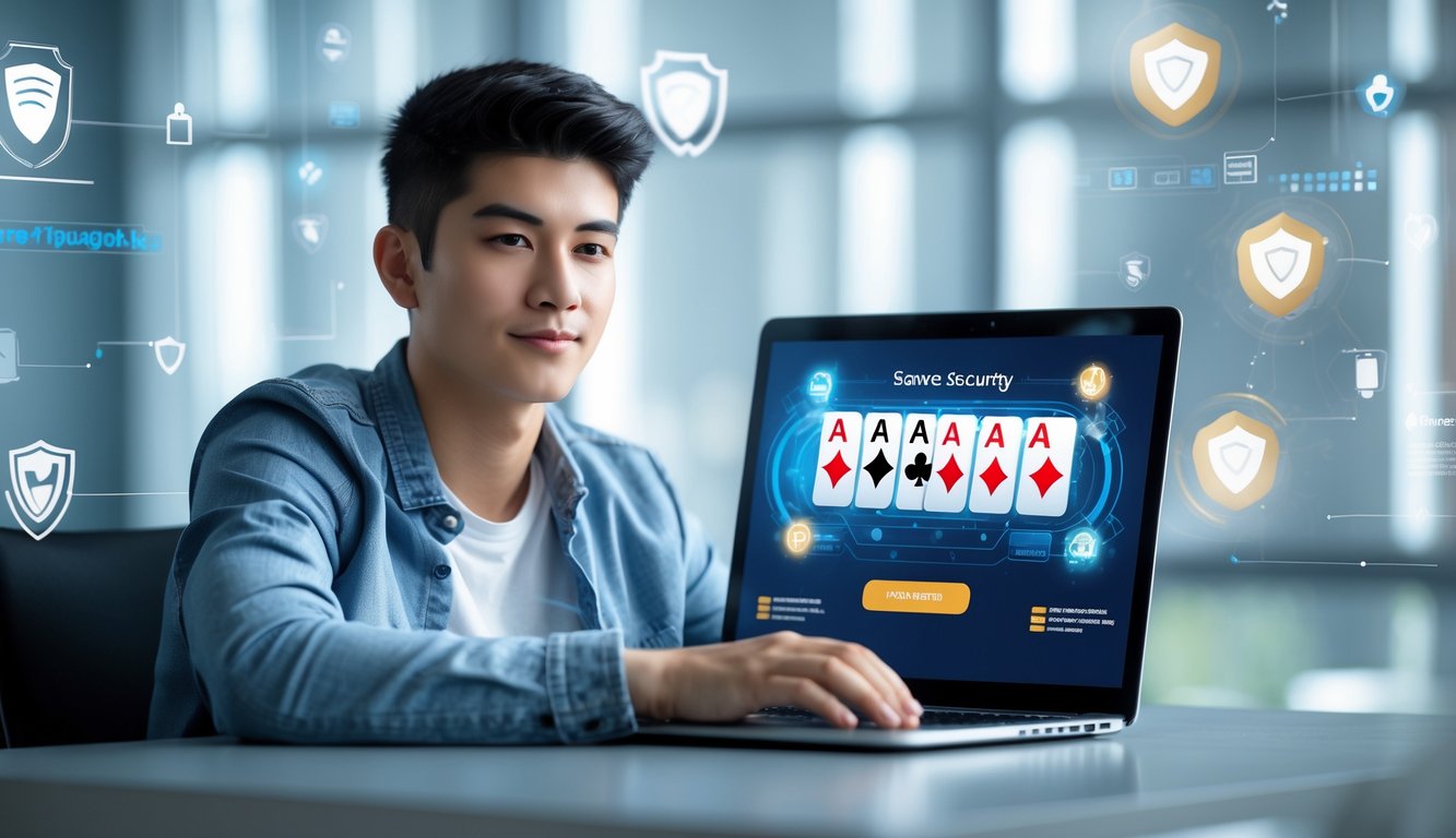 Seorang dewasa muda sedang menggunakan laptop untuk bermain poker online dengan suasana yang aman dan terpercaya.