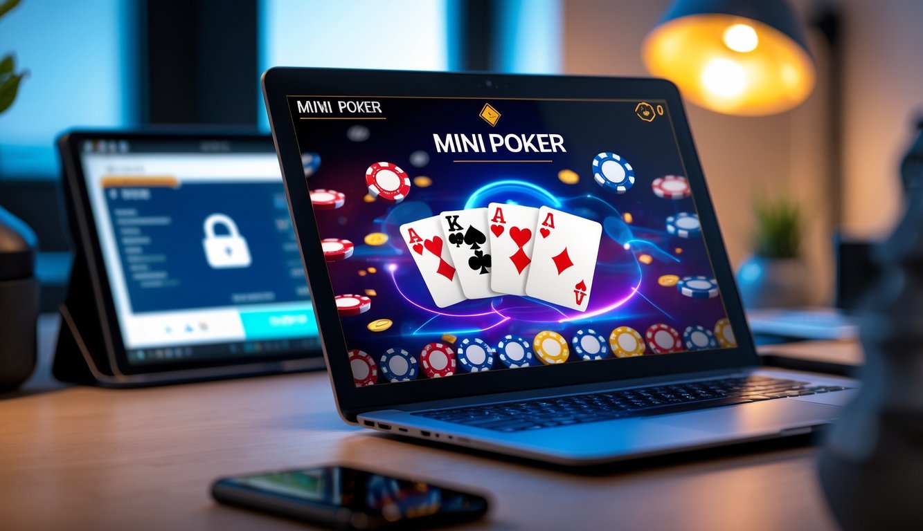 Seseorang bermain mini poker online di komputer dengan suasana ruang kerja yang rapi dan perangkat pembayaran aman di sampingnya.