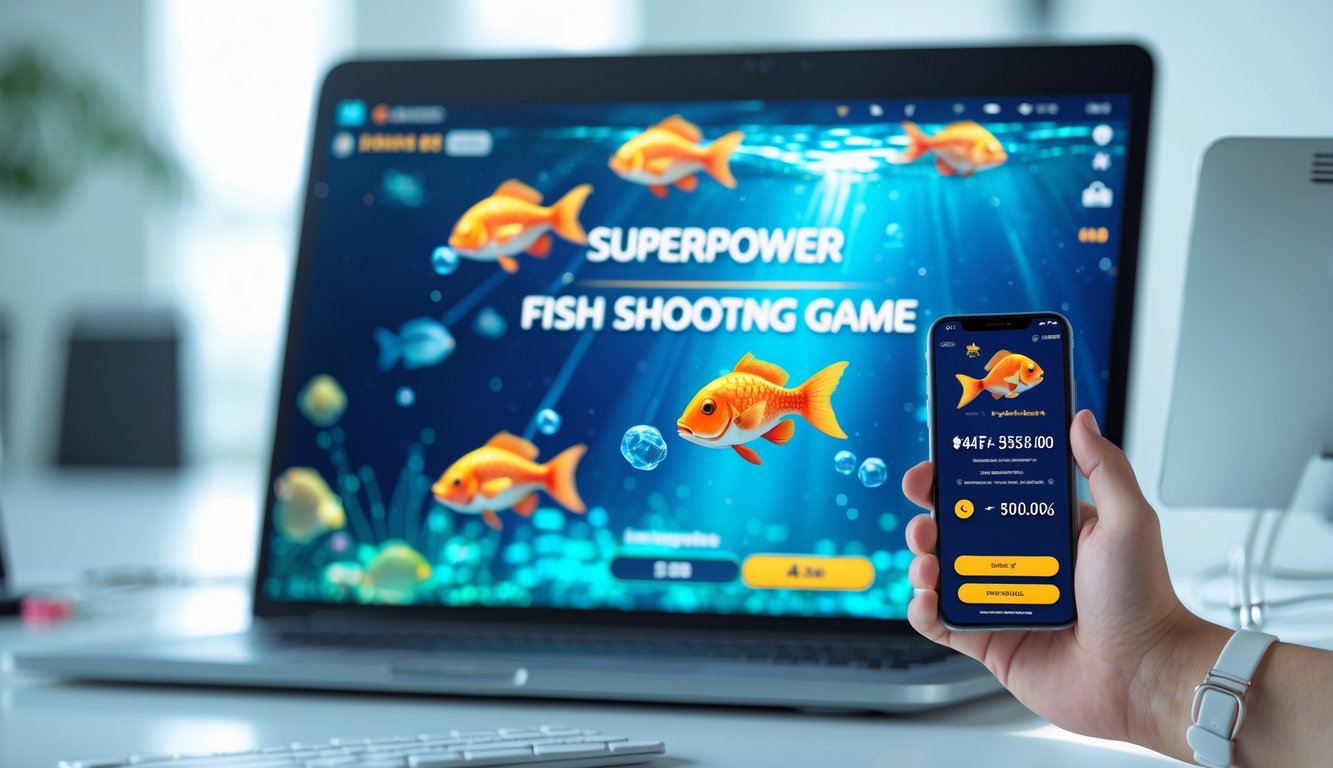 Layar perangkat digital menampilkan permainan tembak ikan dengan grafis bawah laut berwarna-warni dan efek tembakan, di tangan seseorang dengan latar meja kerja minimalis.