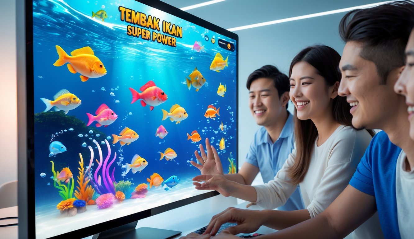 Beberapa orang muda sedang bermain permainan tembak ikan secara online di layar komputer dengan latar bawah laut yang berwarna-warni.