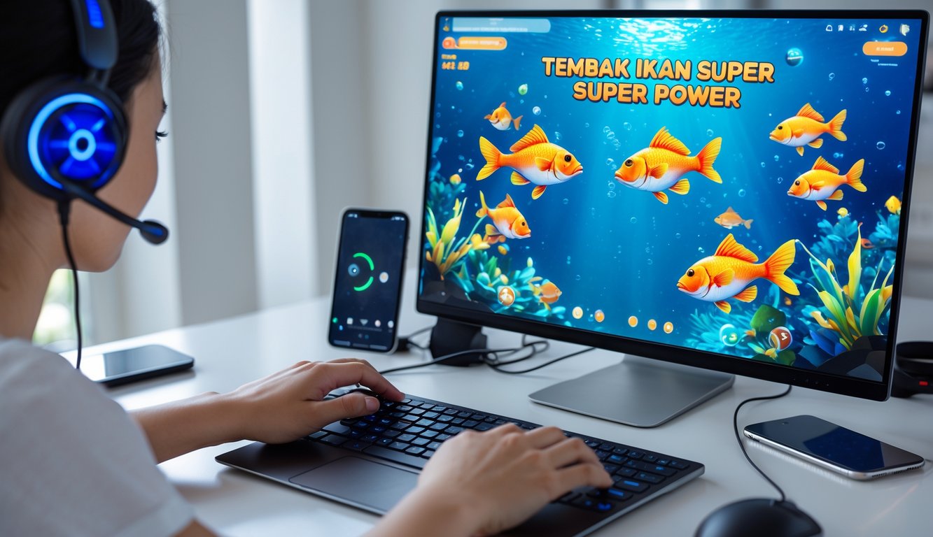 Seseorang sedang bermain game tembak ikan di komputer dengan latar belakang ruangan yang rapi dan terang.