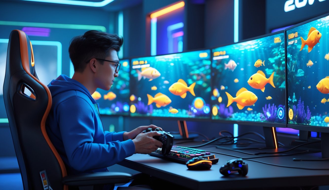 Seorang pemain dewasa sedang bermain game tembak ikan di komputer dengan layar berwarna-warni di ruangan modern.