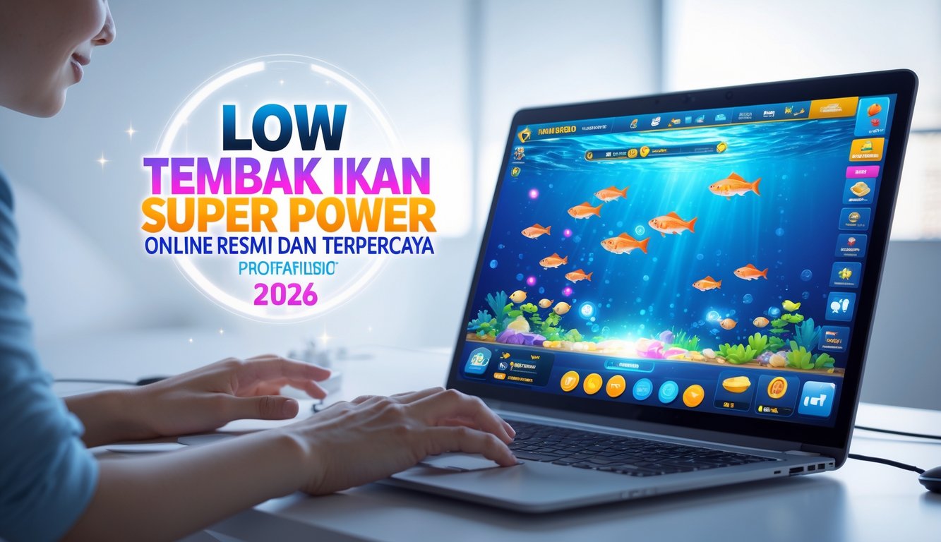 Seseorang menggunakan komputer dengan layar menampilkan permainan tembak ikan online berwarna-warni di ruang kerja yang modern.