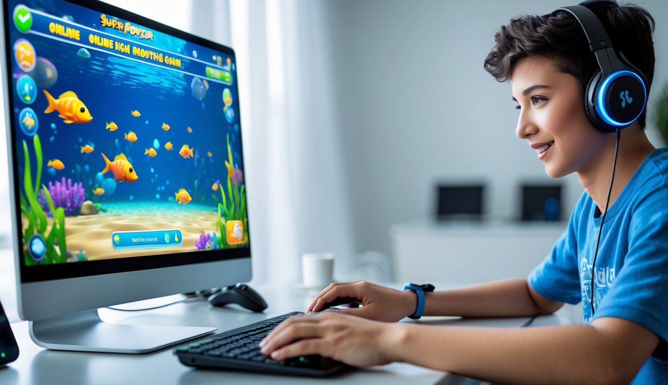 Seorang dewasa muda sedang bermain game tembak ikan online di komputer dengan latar ruangan yang terang dan rapi.