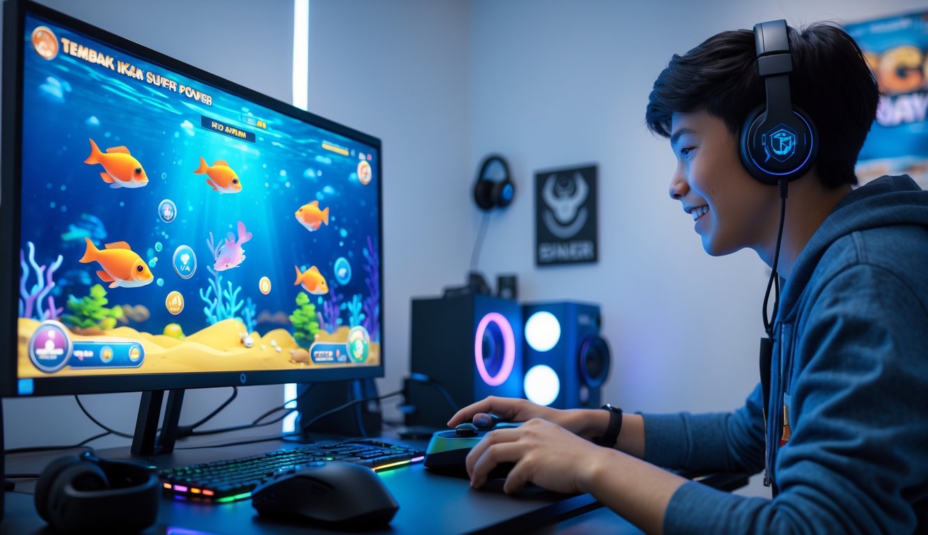 Seseorang sedang bermain game tembak ikan di komputer di ruang bermain yang rapi dan terang.