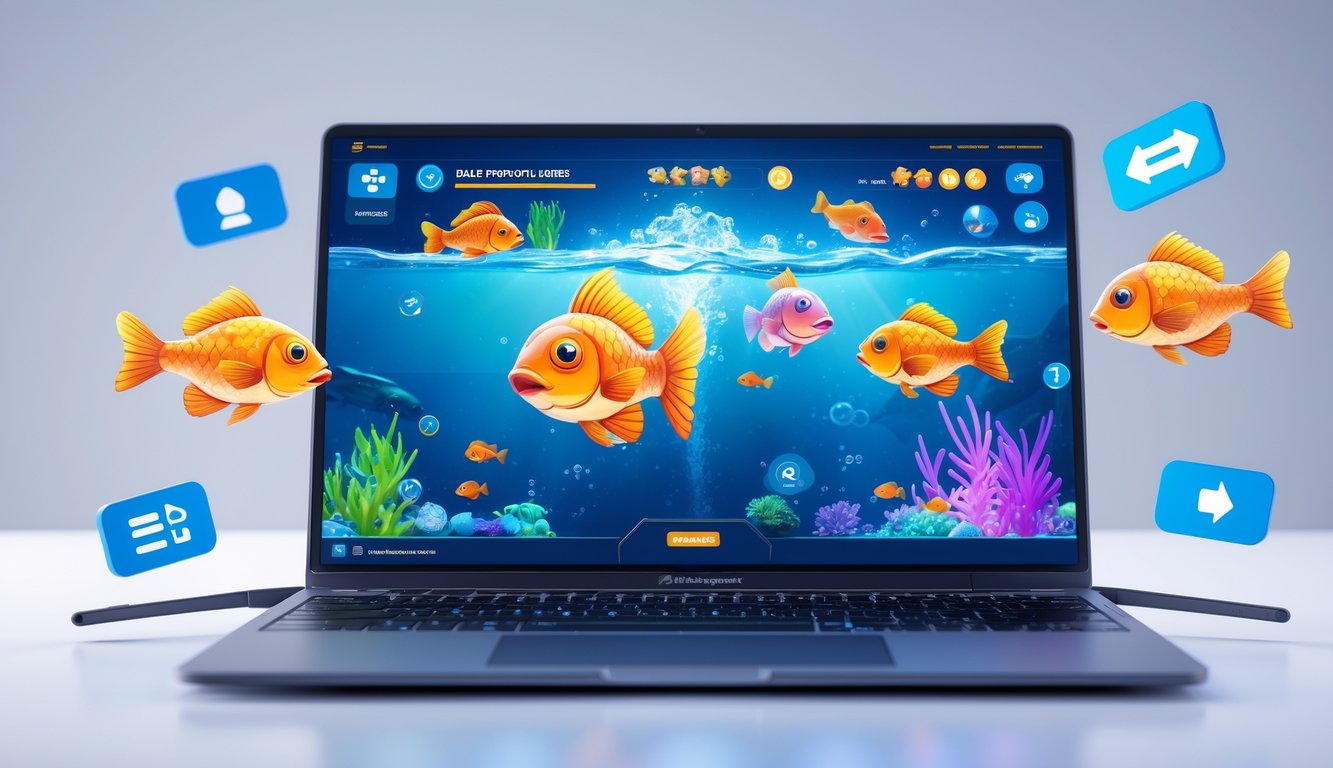 Seorang pengguna sedang bermain game tembak ikan super power di komputer dengan latar belakang yang bersih dan elemen digital yang menunjukkan bonus dan interaksi online.