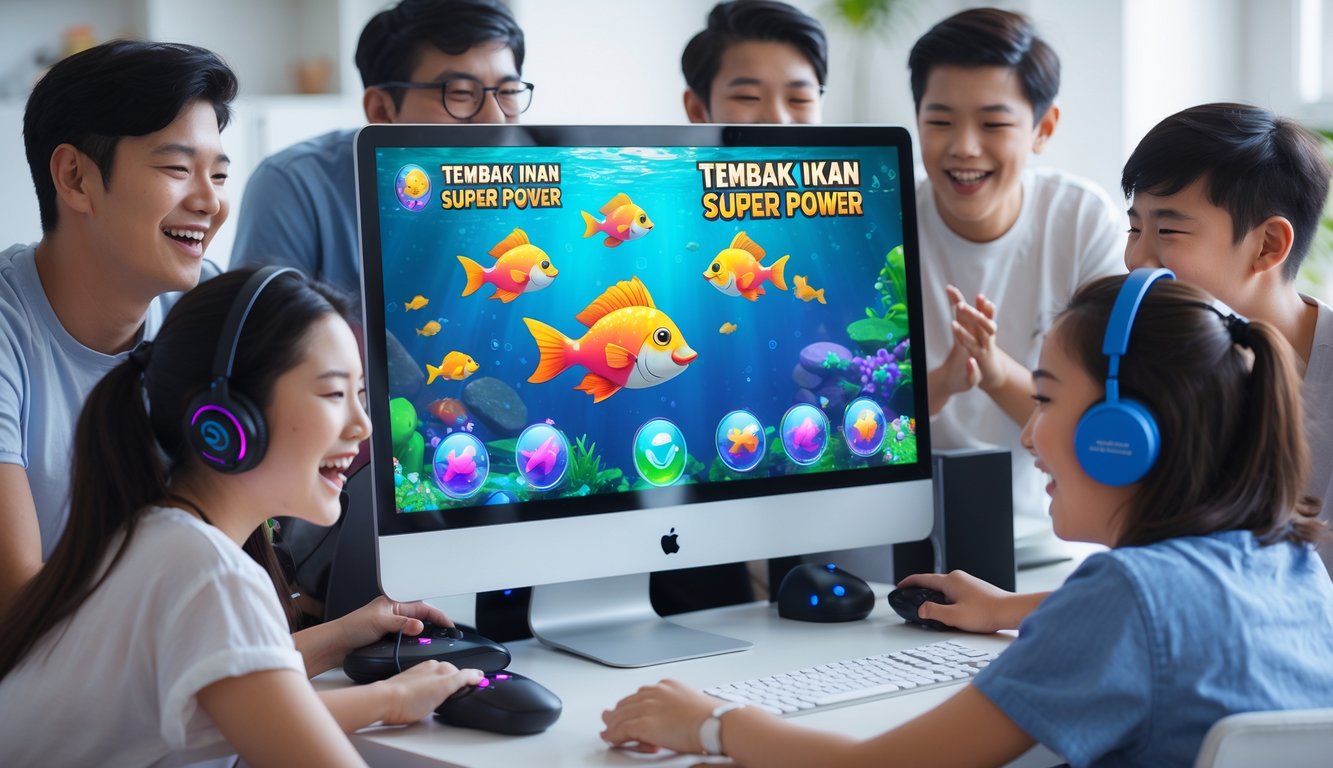 Sekelompok orang muda bermain game tembak ikan di komputer di ruang tamu yang terang dan modern.