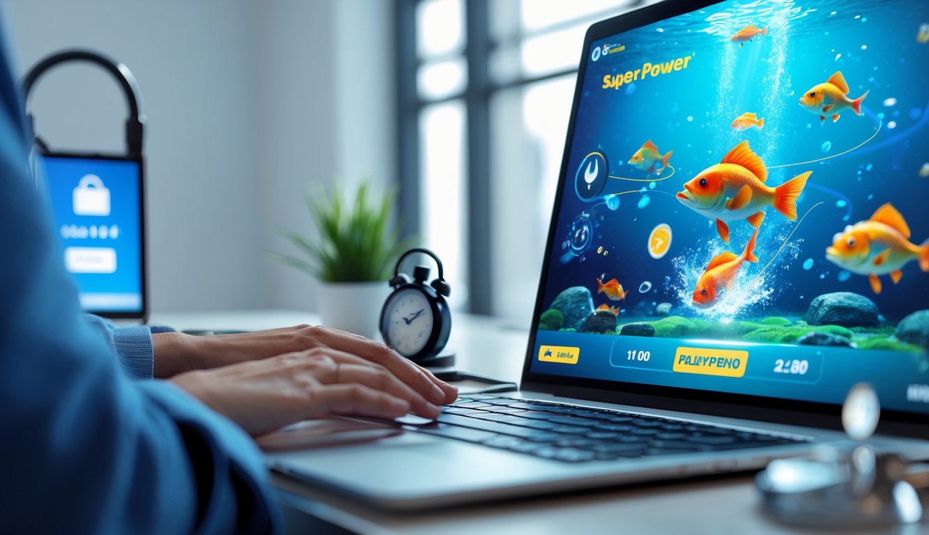 Seseorang menggunakan komputer dengan layar menampilkan permainan memancing ikan berwarna-warni di lingkungan kerja yang rapi dan terang.