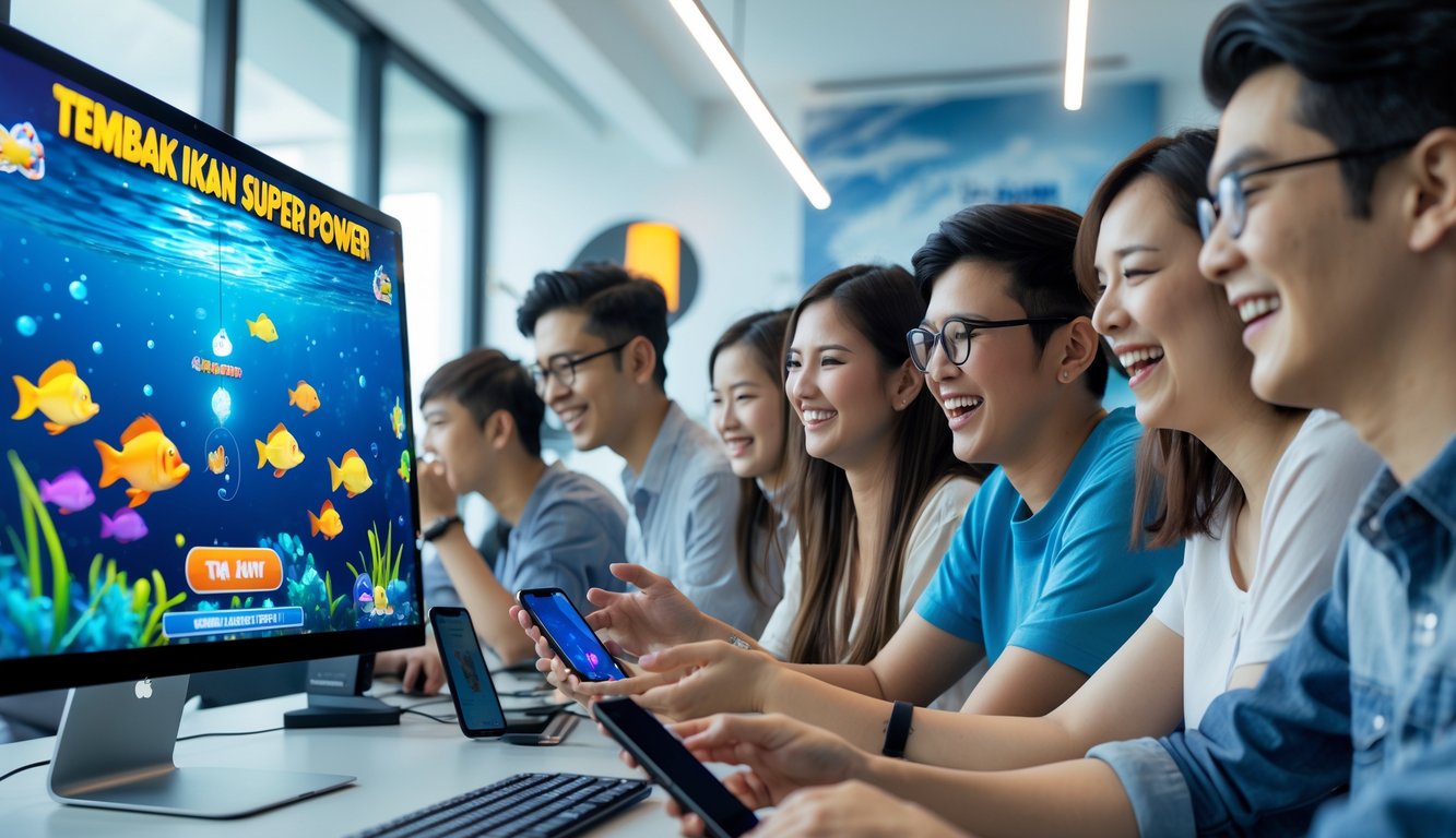 Beberapa orang muda sedang bermain game tembak ikan online di komputer dengan latar ruangan yang terang dan modern.