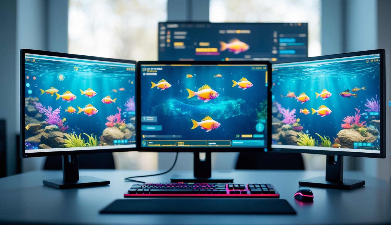 Suasana ruang komputer modern dengan beberapa monitor menampilkan permainan menembak ikan berwarna-warni di layar.