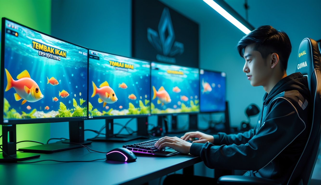Seorang pria muda sedang bermain game tembak ikan di komputer dengan layar menampilkan ikan warna-warni dan efek tembakan di ruangan yang terang dan rapi.