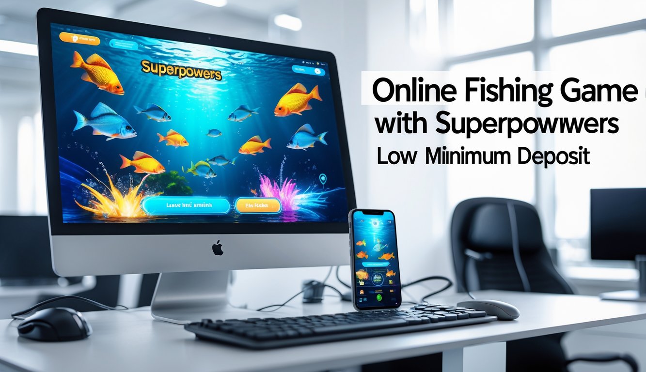 Layar komputer dan ponsel menampilkan permainan tembak ikan dengan grafis bawah laut berwarna-warni di sebuah ruang kantor modern.