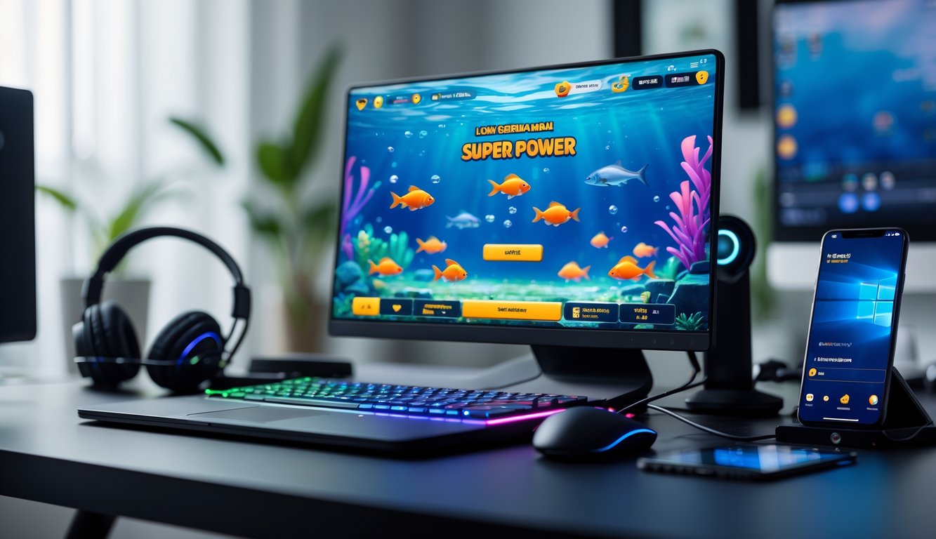 Seorang pengguna sedang bermain game tembak ikan di komputer dengan tampilan layar penuh warna di ruang kerja yang rapi.