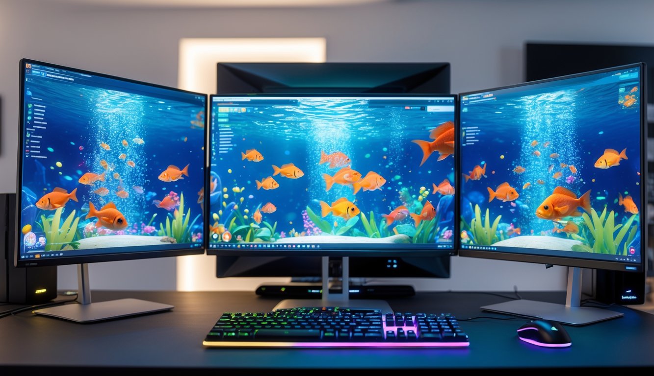 Sebuah ruang bermain game dengan komputer menampilkan permainan menembak ikan berwarna-warni di layar.