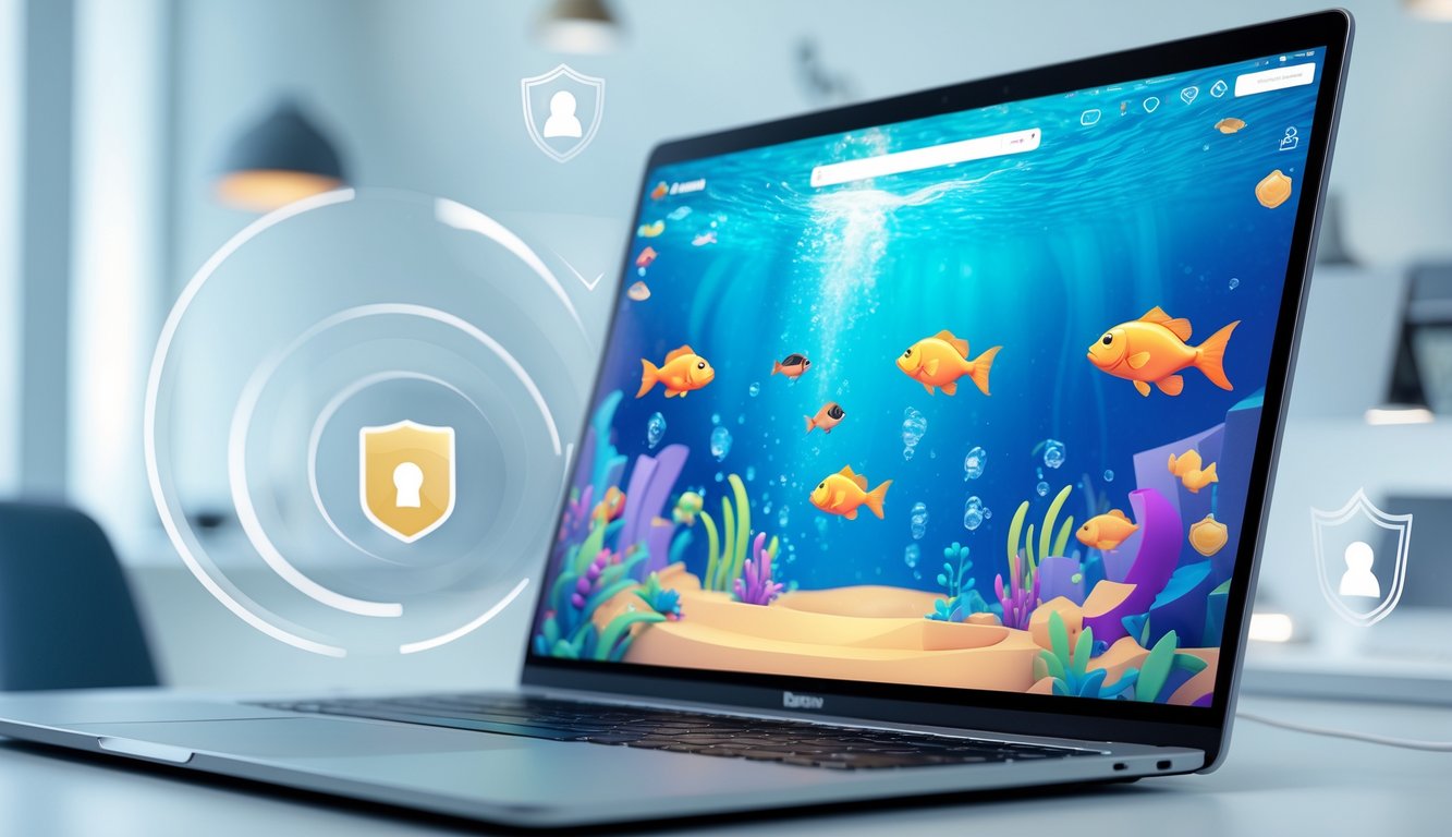 Seorang pengguna sedang bermain game tembak ikan online di depan komputer dengan latar belakang yang bersih dan modern.