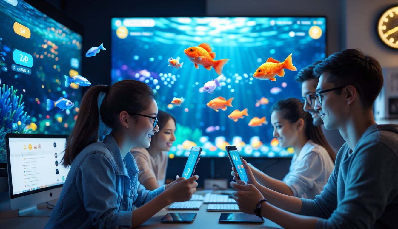 Beberapa orang sedang bermain permainan tembak ikan online dengan latar belakang visual ikan berwarna-warni di layar perangkat mereka.