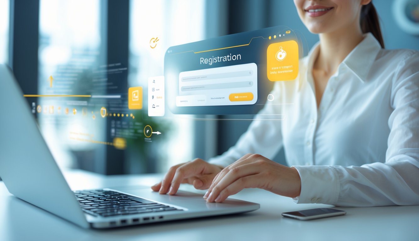 Seseorang menggunakan laptop atau ponsel untuk mendaftar secara online dengan suasana yang cerah dan modern.